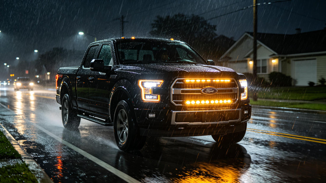 Grille strobe lights kit installed on a pickup truck front grille for maximum forward warning visibility