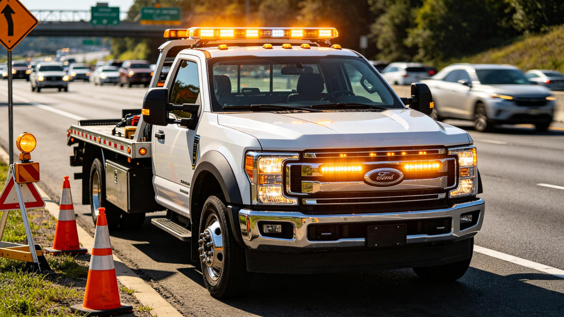 LED warning lights for tow truck — amber strobe light bar mounted on tow truck roof