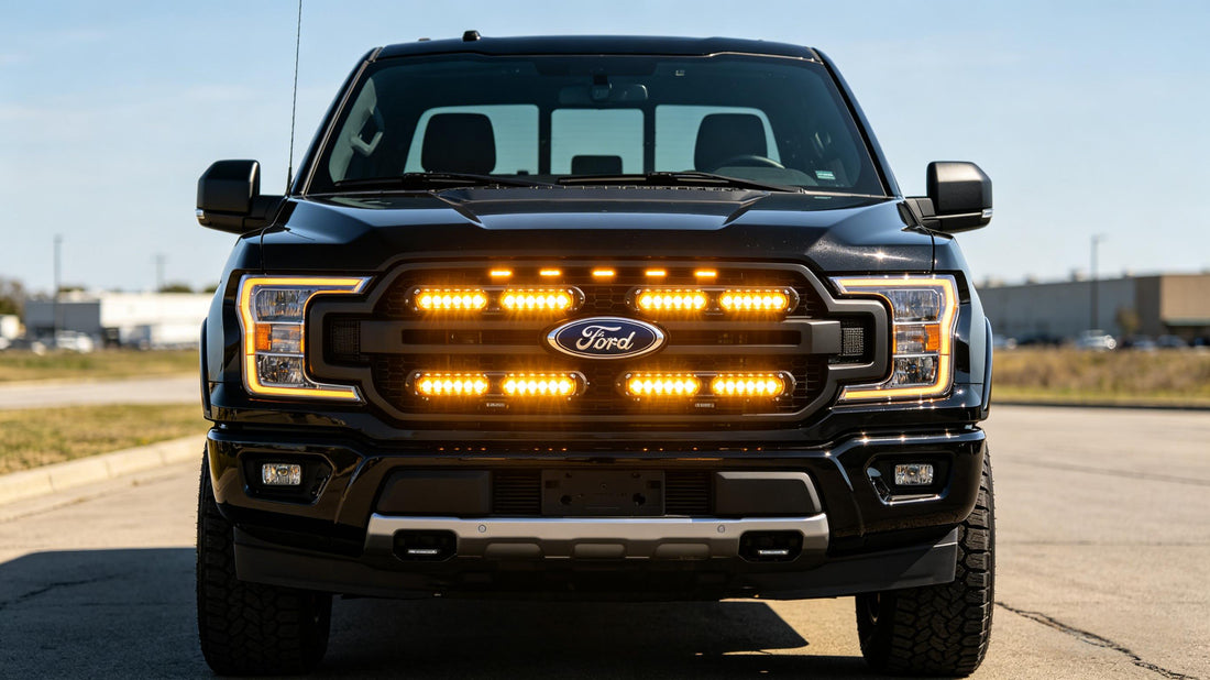 Grille strobe lights kit for pickup truck — amber LED front warning lights installed on Ford F-150