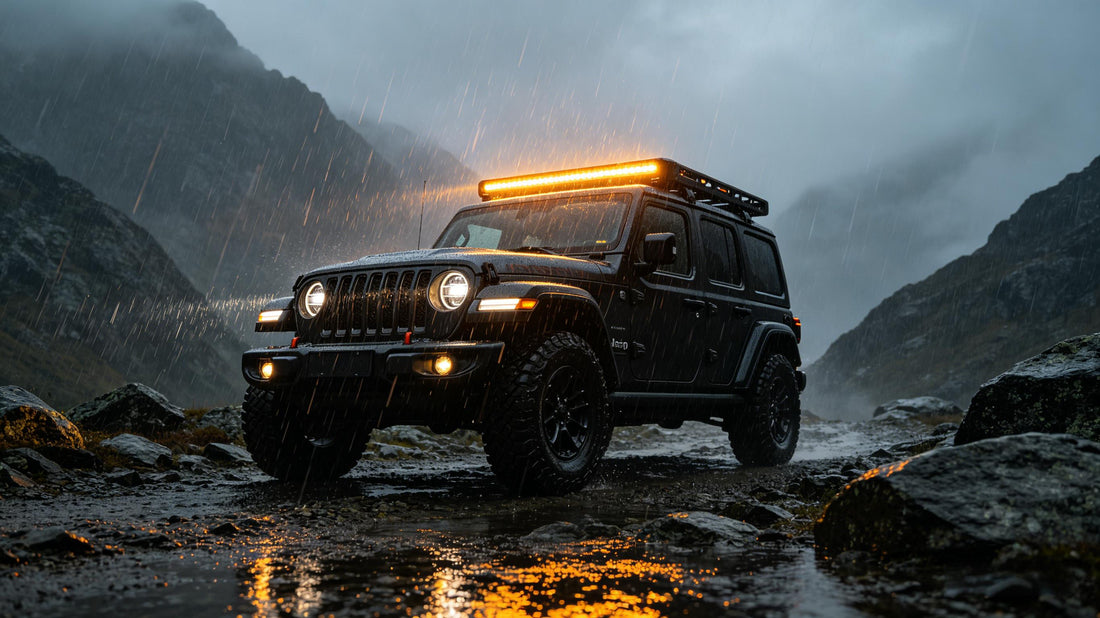 Strobe light bar mounted on a Jeep Wrangler roof for off-road visibility and emergency warning