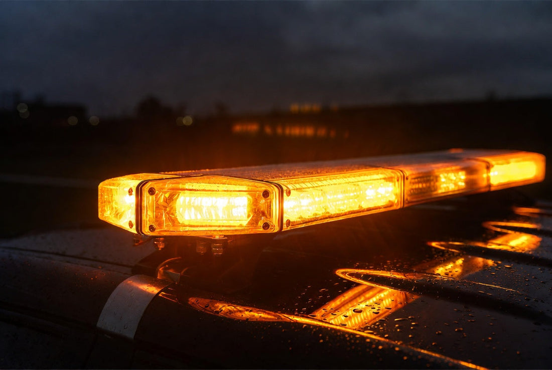 Magnetic roof strobe light bar mounted on emergency service truck